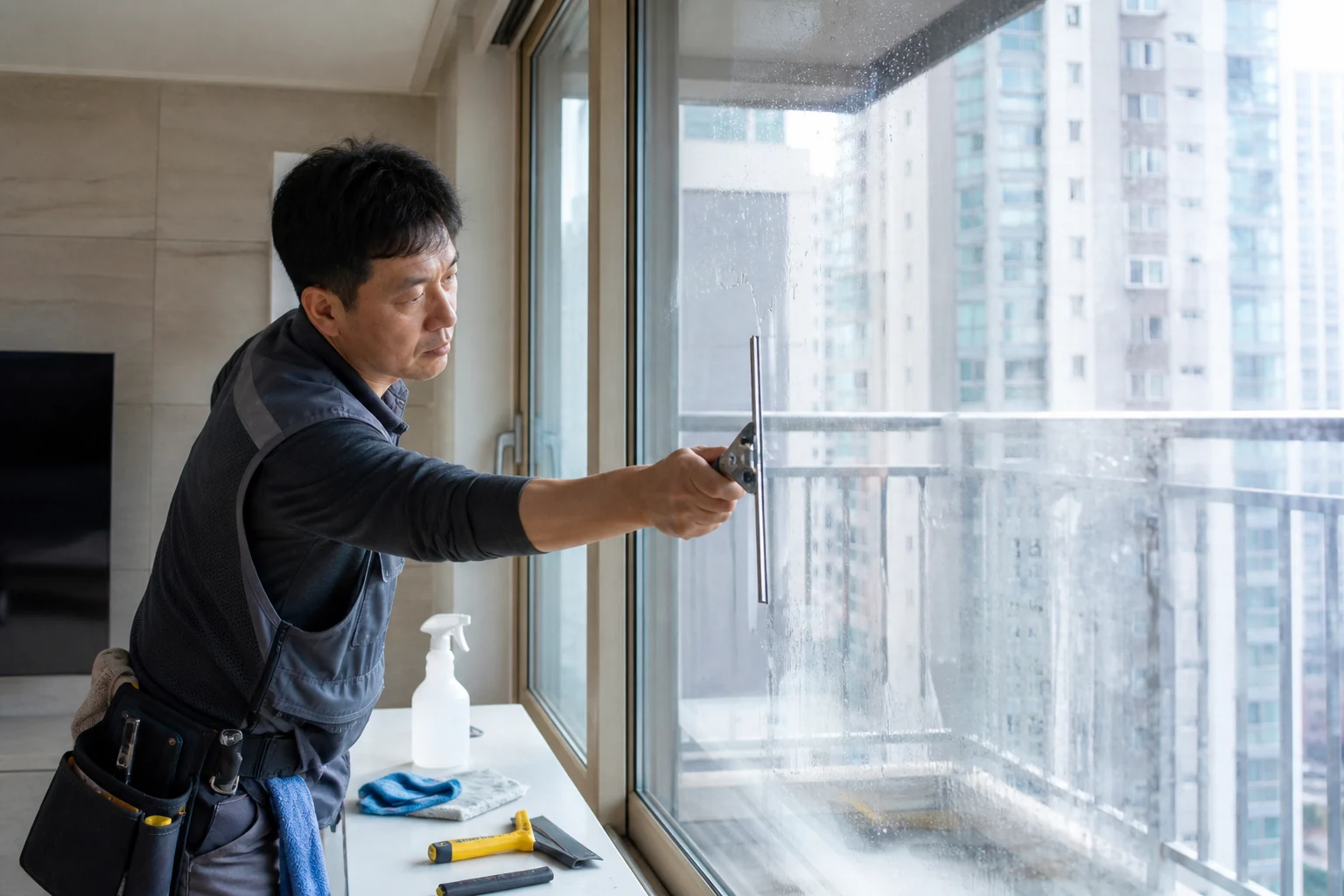 스퀴지로 단열필름을 부착하는 시공 작업